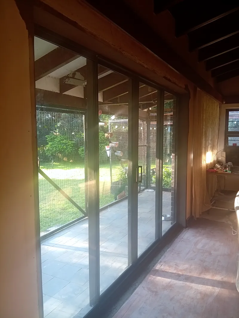 Bronze sliding doors seen along the full length of the room